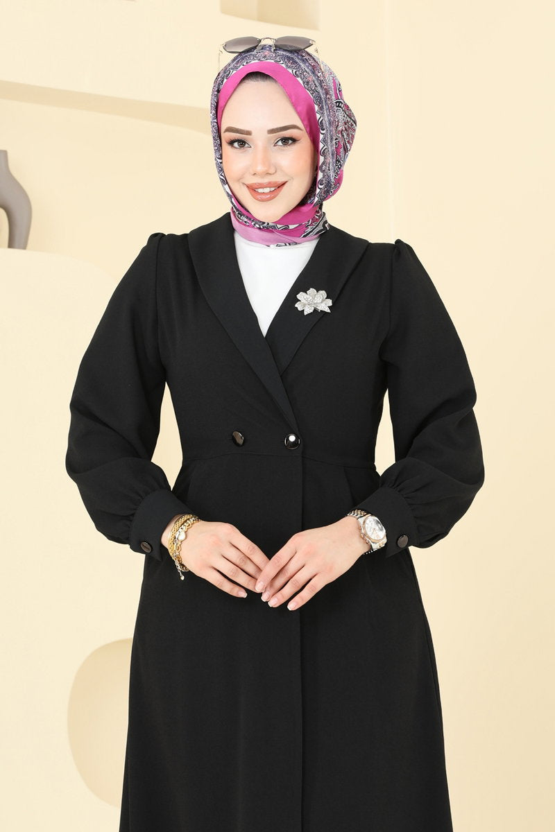 Double-Breasted Modest Crepe Cape Coat - Black