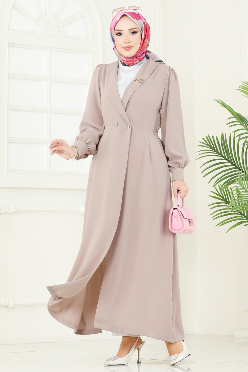 Double-Breasted Modest Crepe Cape Coat - Stone