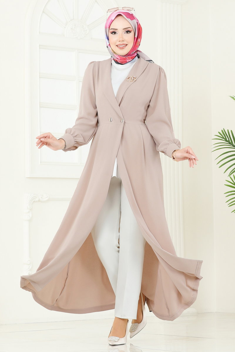 Double-Breasted Modest Crepe Cape Coat - Stone