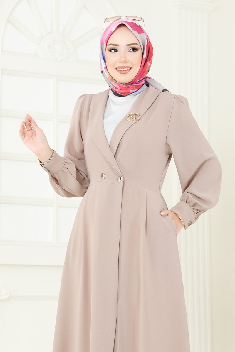 Double-Breasted Modest Crepe Cape Coat - Stone