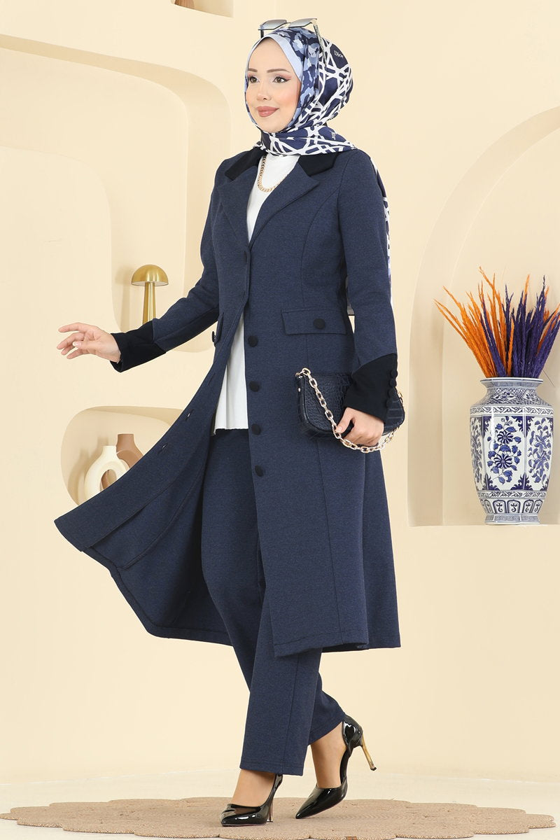 Double-Breasted Tweed Set - Navy