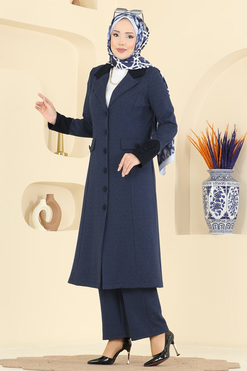 Double-Breasted Tweed Set - Navy