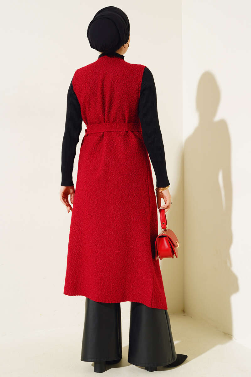 Long Wrap Bouclé Vest - Burgundy