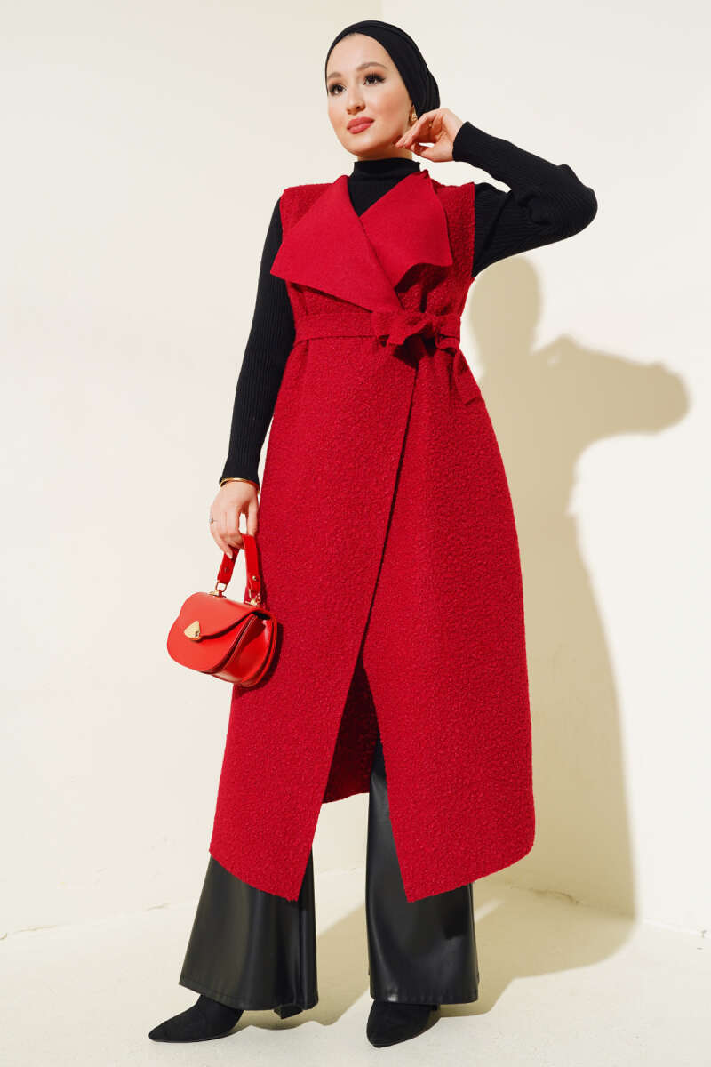 Long Wrap Bouclé Vest - Burgundy