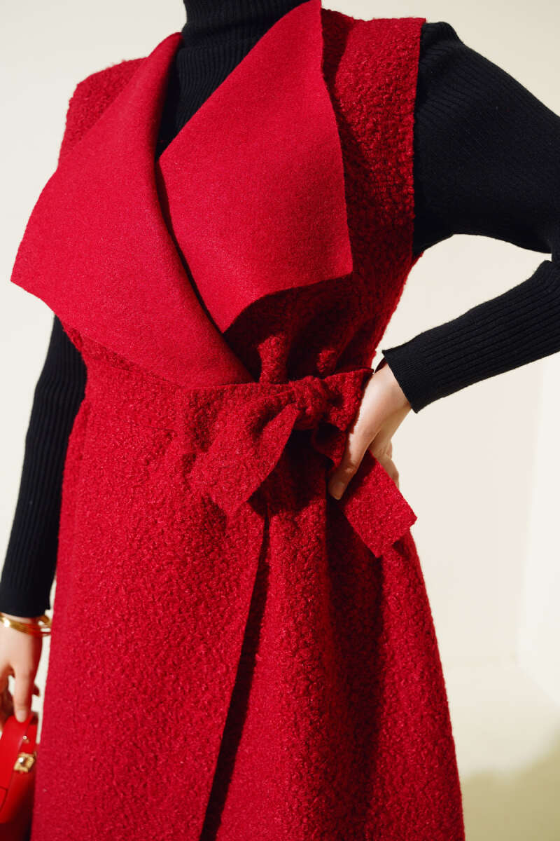 Long Wrap Bouclé Vest - Burgundy