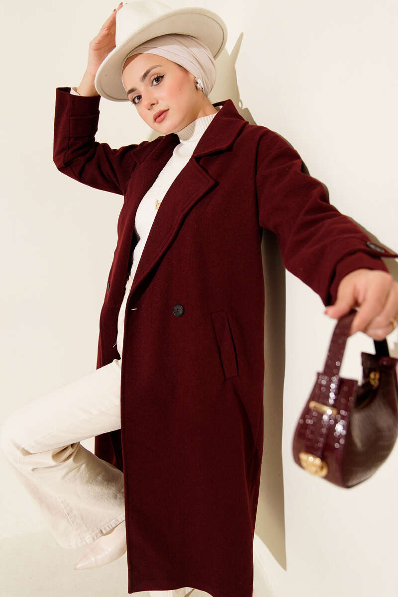 Long Double-Breasted Felt Coat - Burgundy