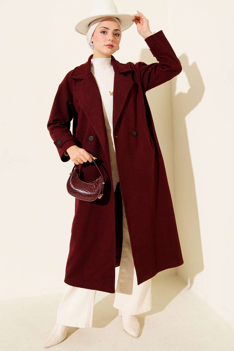 Long Double-Breasted Felt Coat - Burgundy