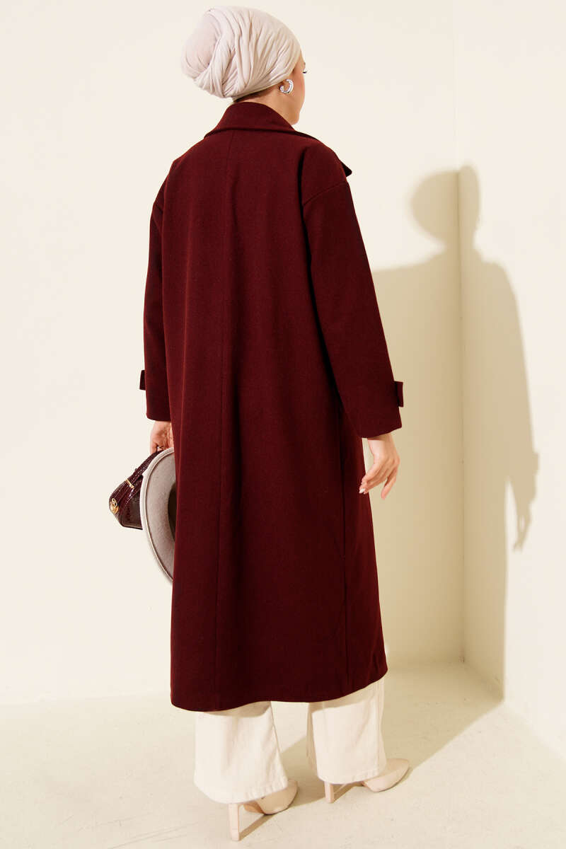 Long Double-Breasted Felt Coat - Burgundy