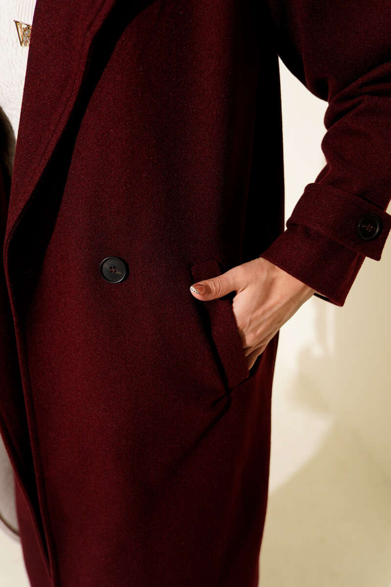 Long Double-Breasted Felt Coat - Burgundy