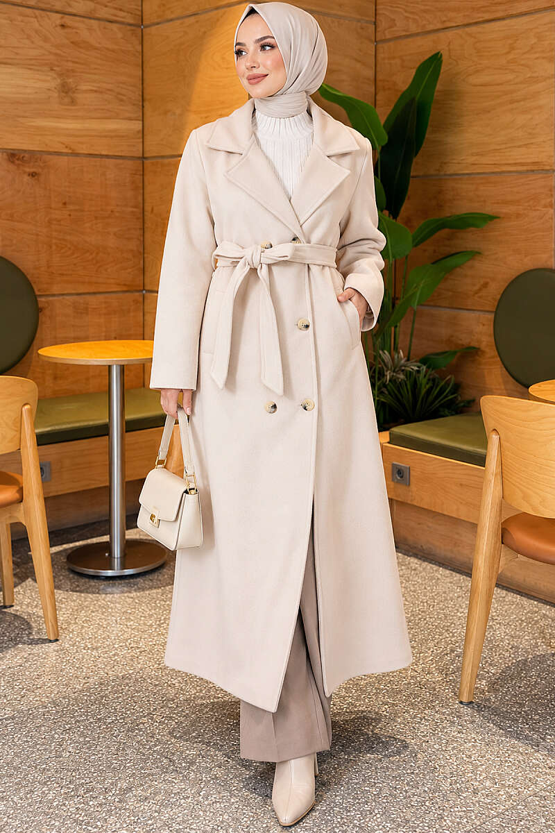 Long Double-Breasted Felt Coat - Beige