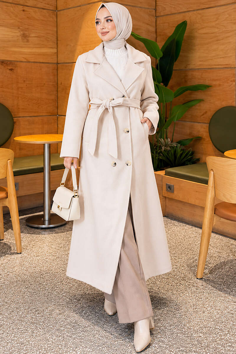 Long Double-Breasted Felt Coat - Beige