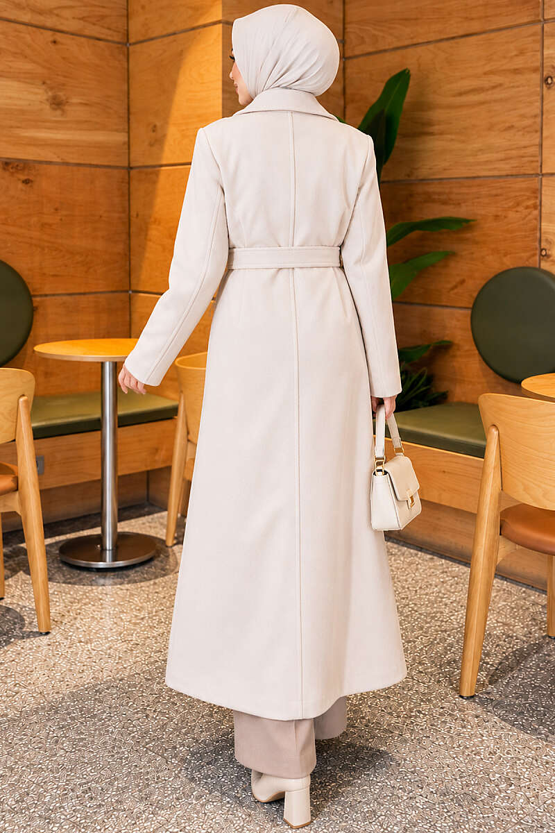 Long Double-Breasted Felt Coat - Beige