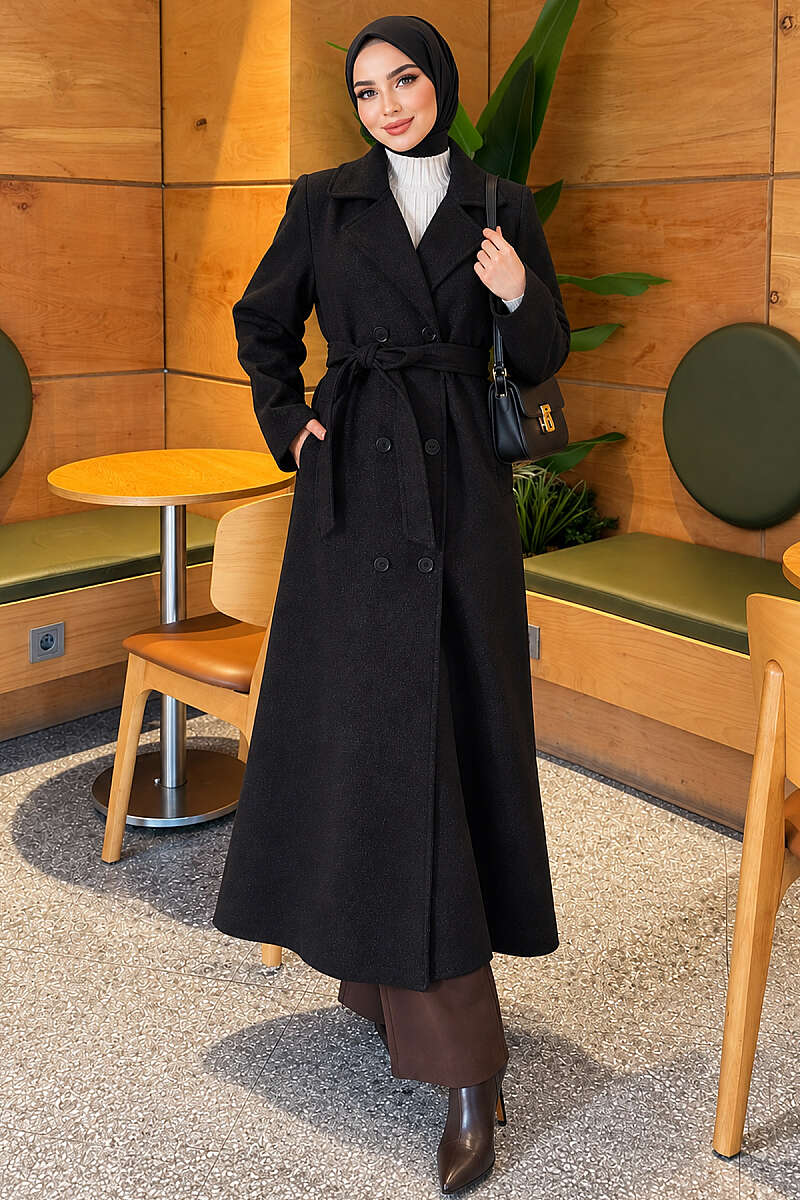 Long Double-Breasted Felt Coat - Black