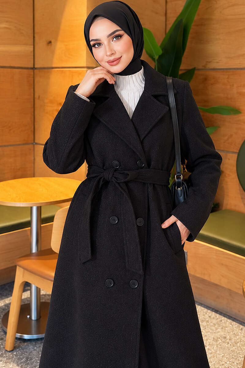 Long Double-Breasted Felt Coat - Black
