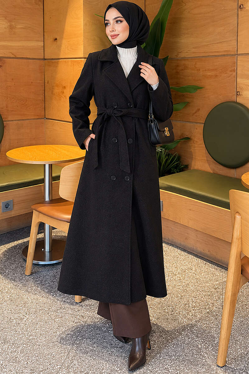 Long Double-Breasted Felt Coat - Black