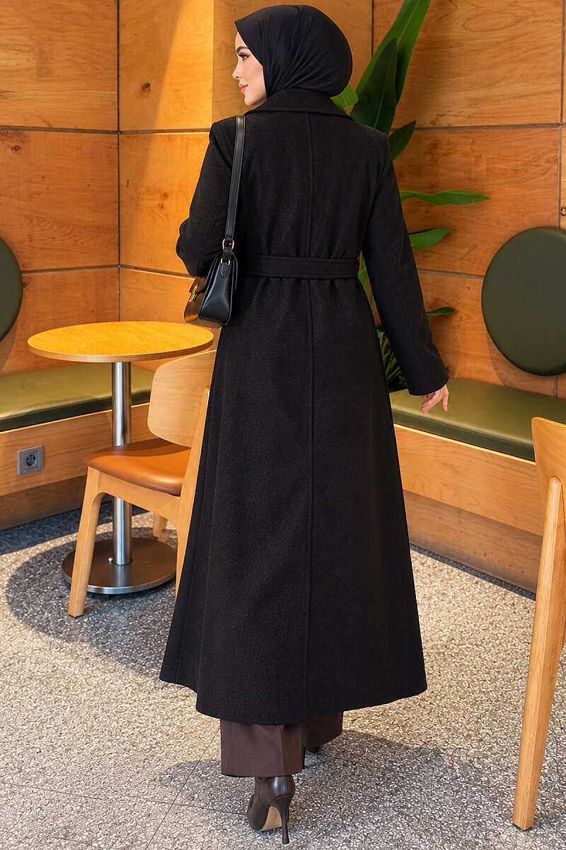 Long Double-Breasted Felt Coat - Black