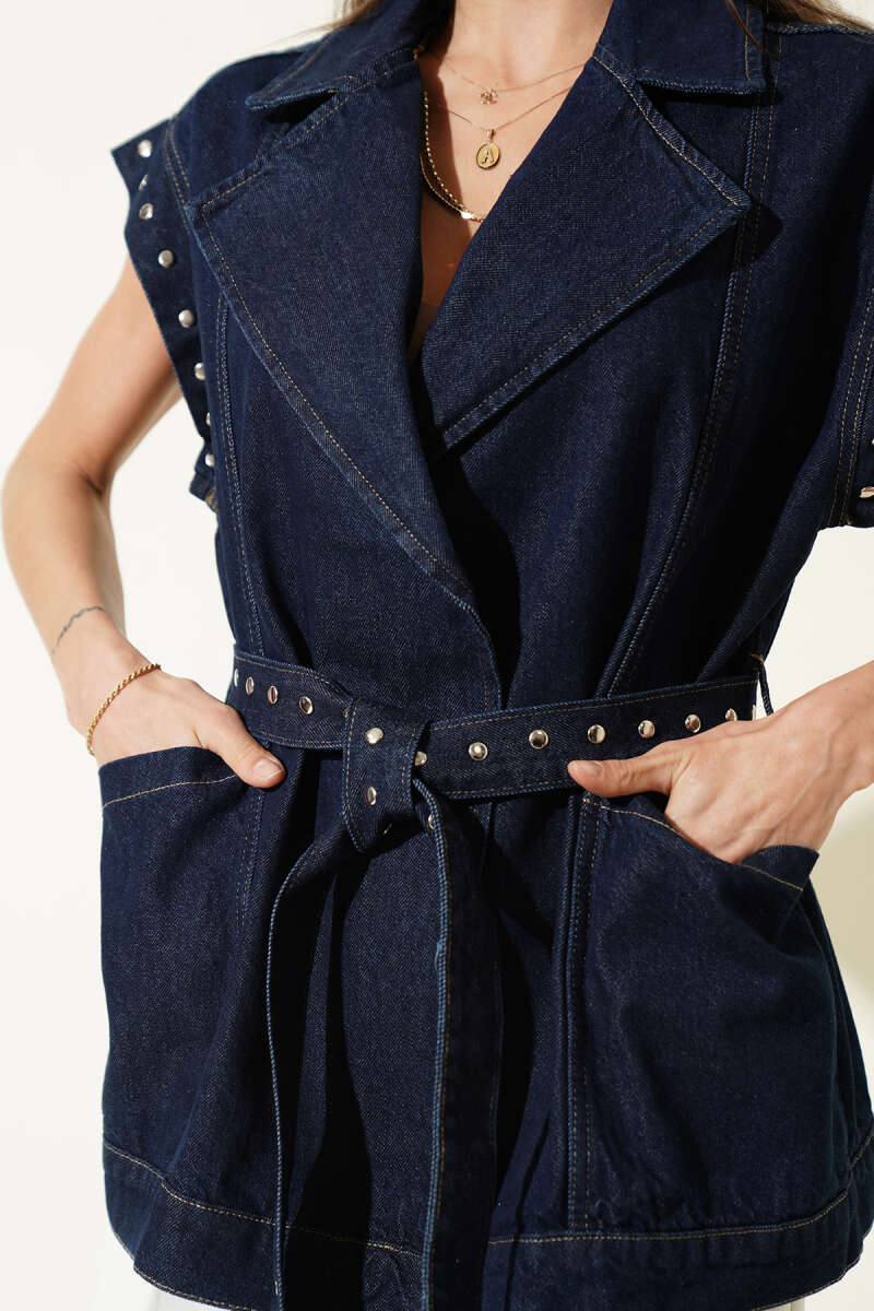 Belted Wrap-Collar Jacket - Navy