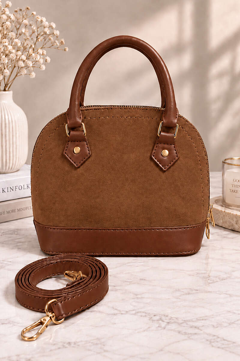Top-Handle Handbag with Trim - Tan
