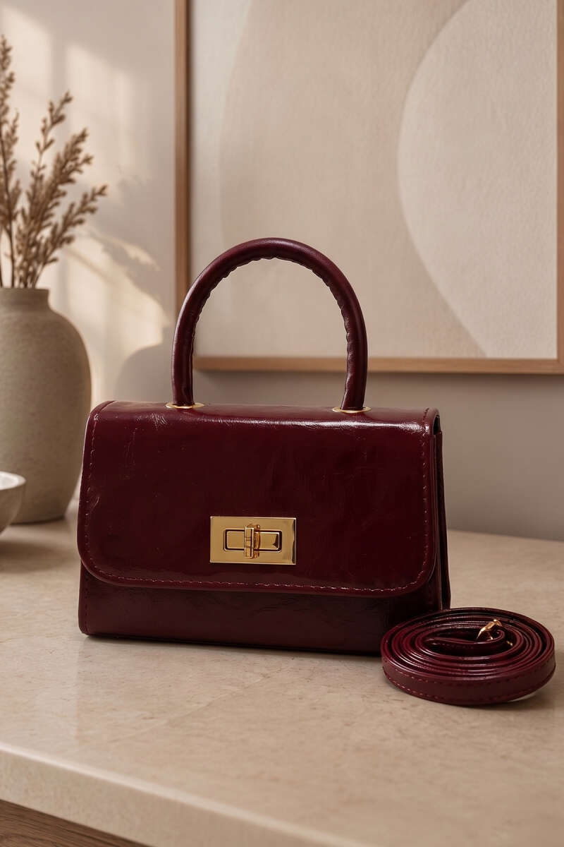 Top-Handle Lock Bag - Burgundy