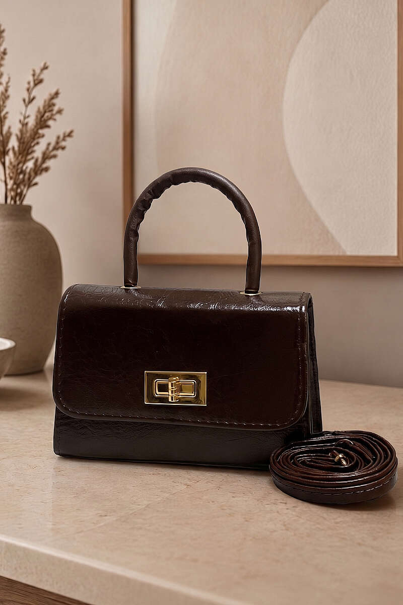 Top-Handle Bag with Lock Detail - Dark Brown
