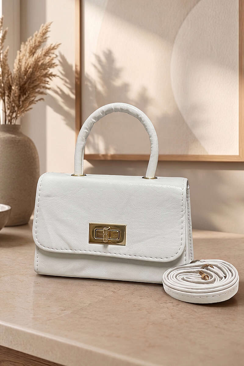 Top-Handle Bag with Lock Detail - White