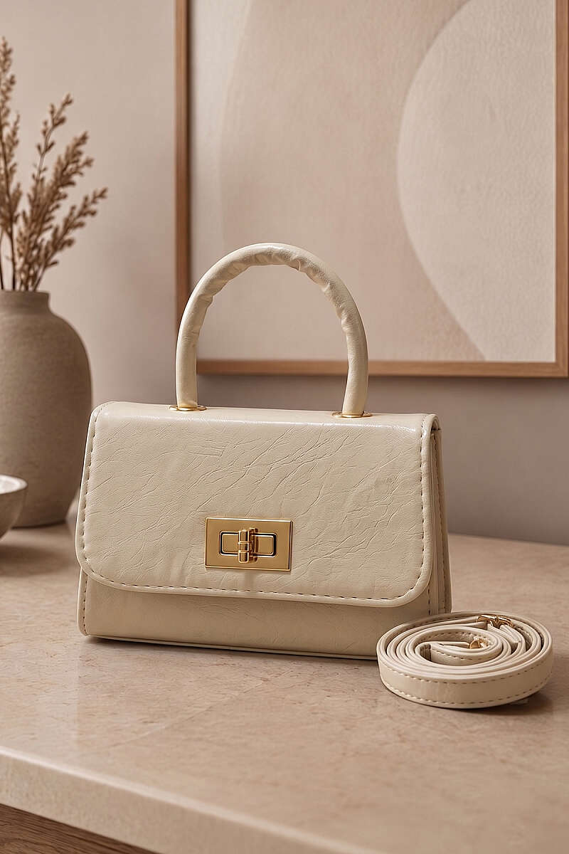 Top-Handle Bag with Lock Detail - Bone