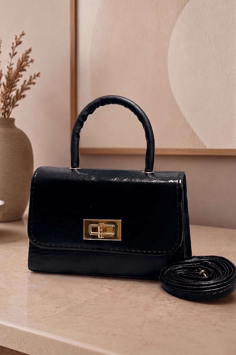 Top-Handle Bag with Lock Detail - Black