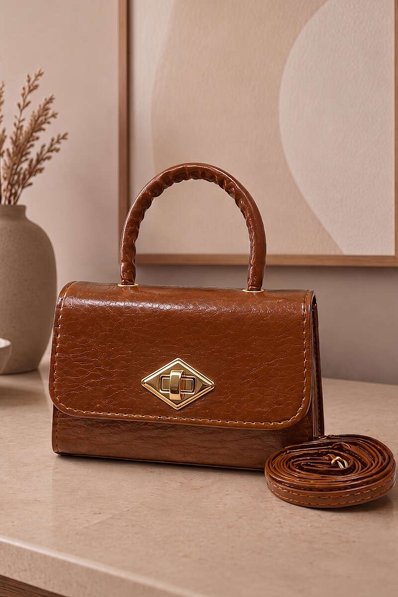Top-Handle Bag with Lock Detail - Tan-Gold
