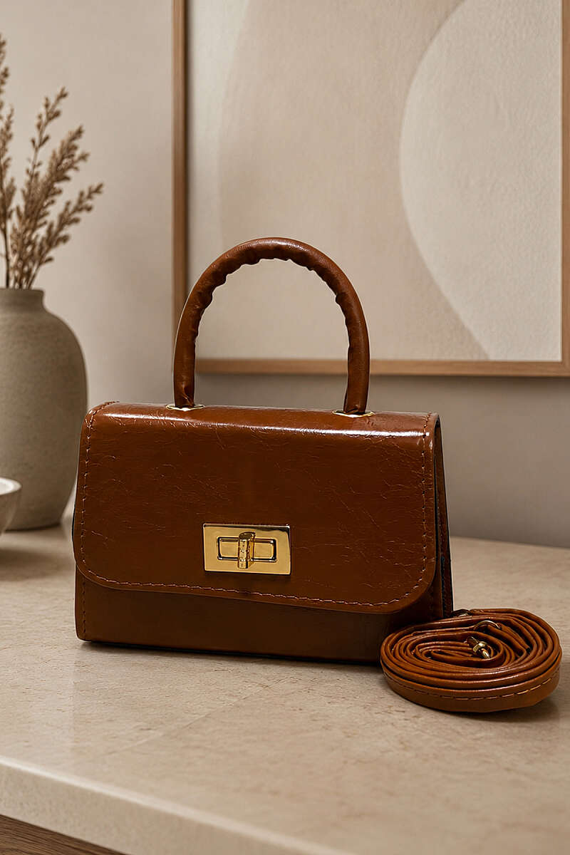 Top-Handle Bag with Lock Detail - Tan