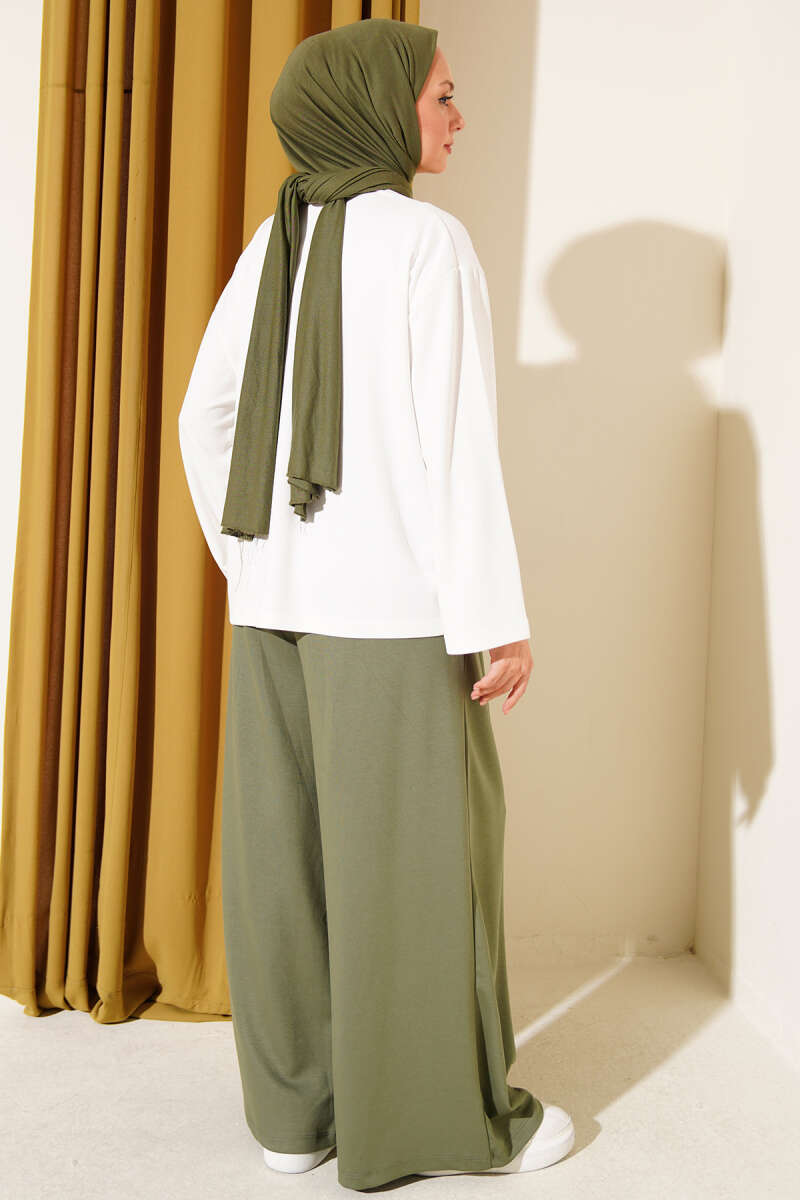 Ribbon Print Jersey Two-Piece Set - Khaki