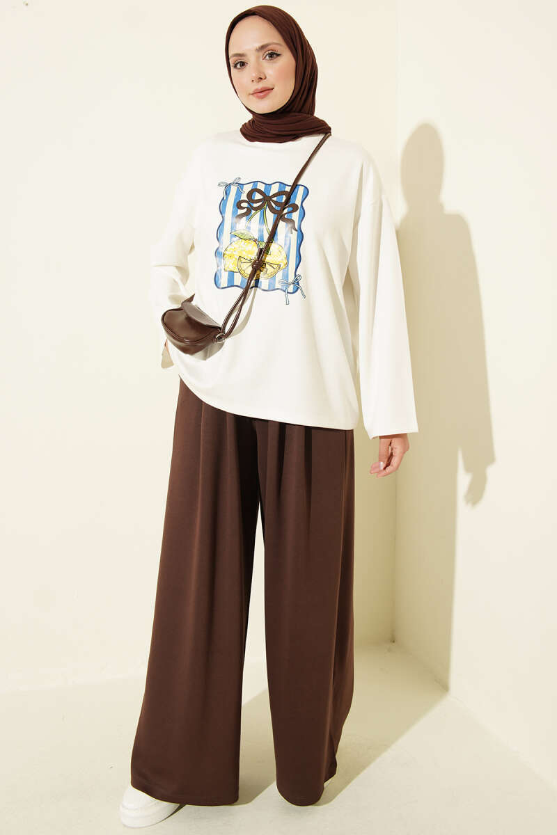Ribbon Print Jersey Two-Piece Set - Brown