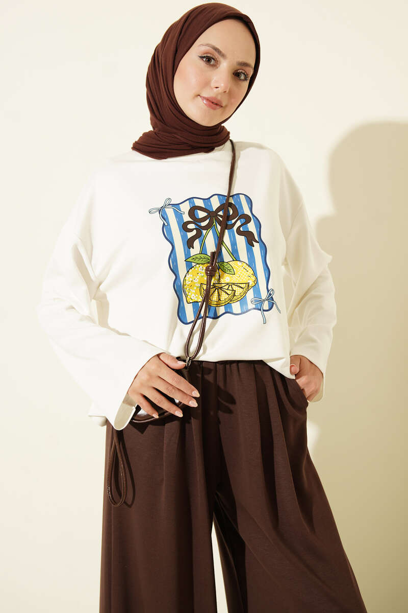 Ribbon Print Jersey Two-Piece Set - Brown