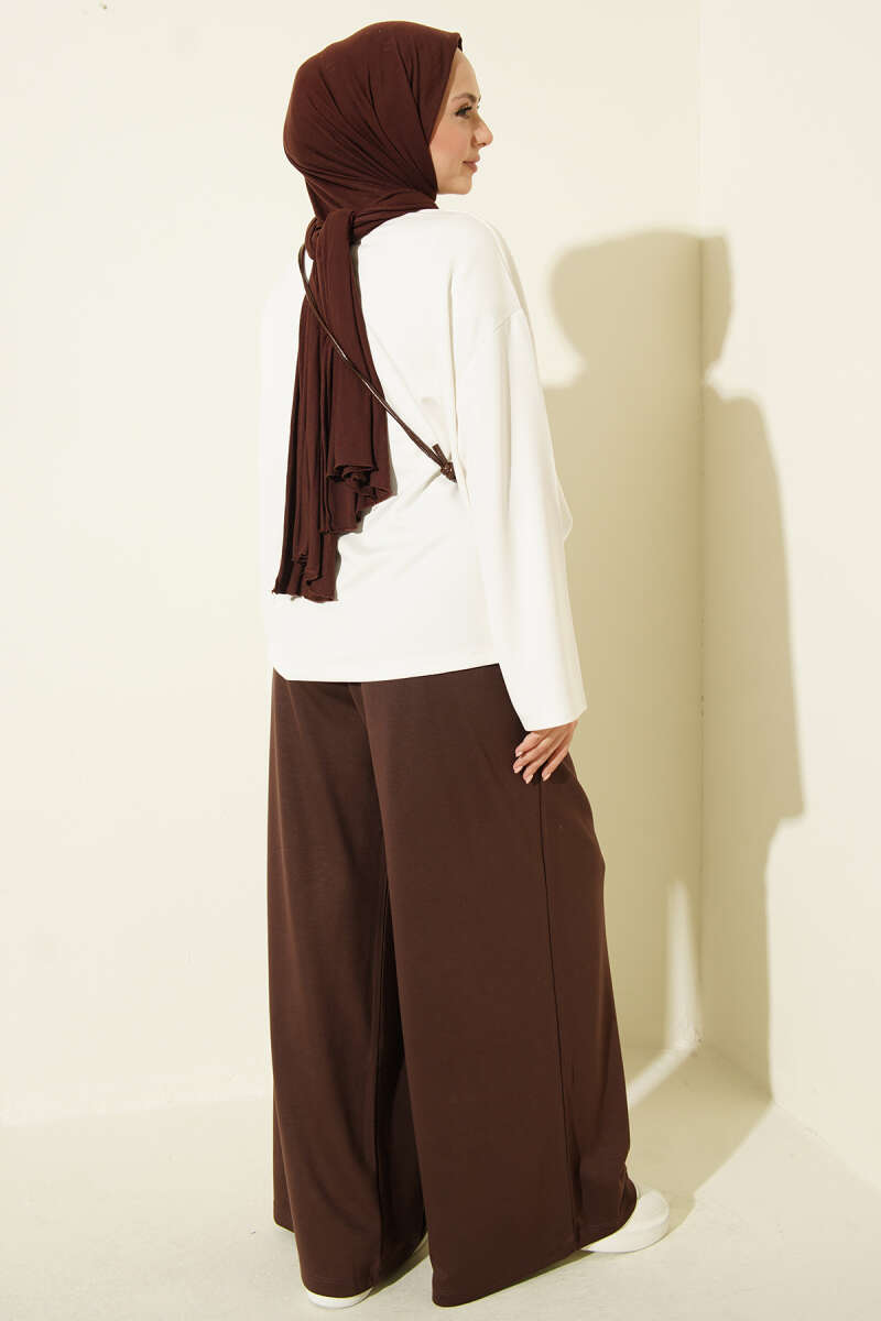 Ribbon Print Jersey Two-Piece Set - Brown