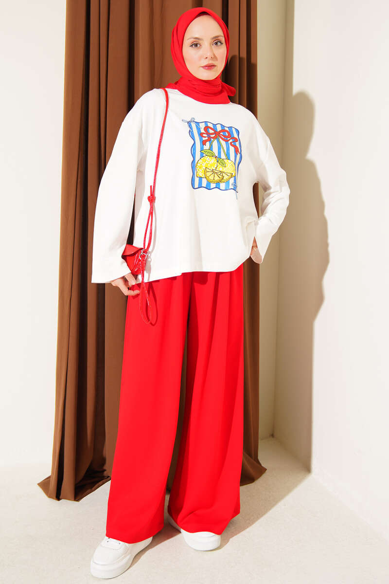Ribbon Print Jersey Two-Piece Set - Red