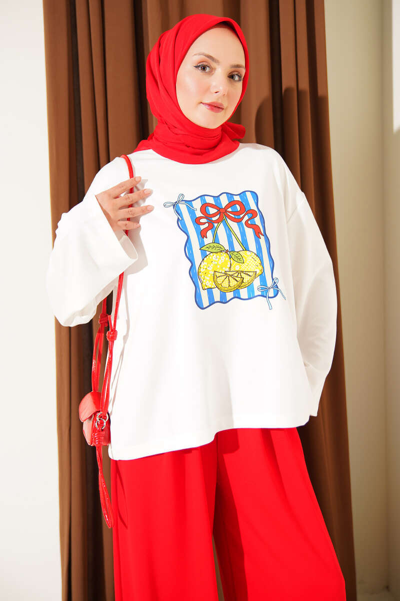 Ribbon Print Jersey Two-Piece Set - Red