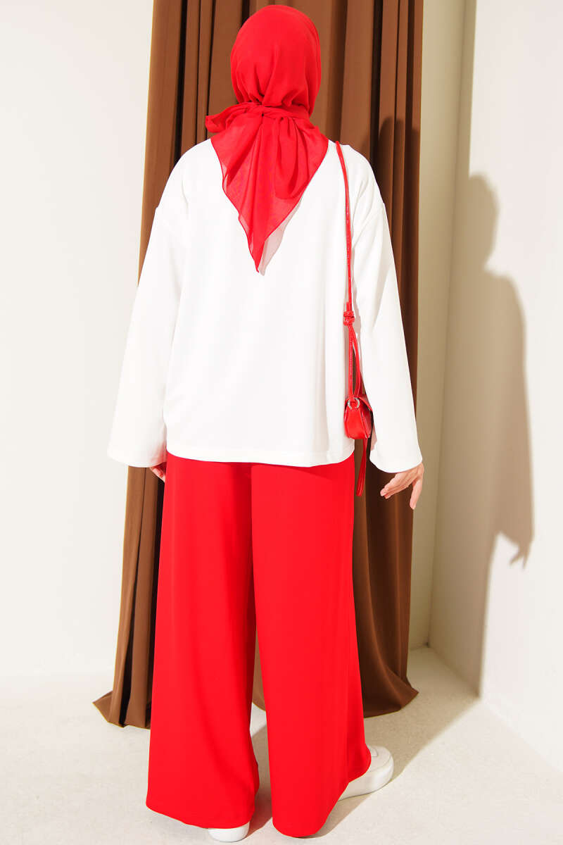 Ribbon Print Jersey Two-Piece Set - Red