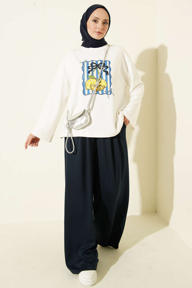 Ribbon Print Jersey Two-Piece Set - Navy