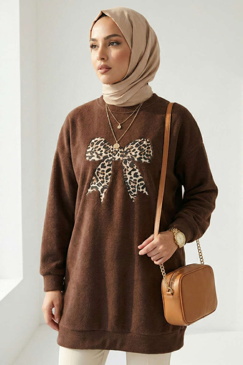 Ribbon Print Tunic - Brown