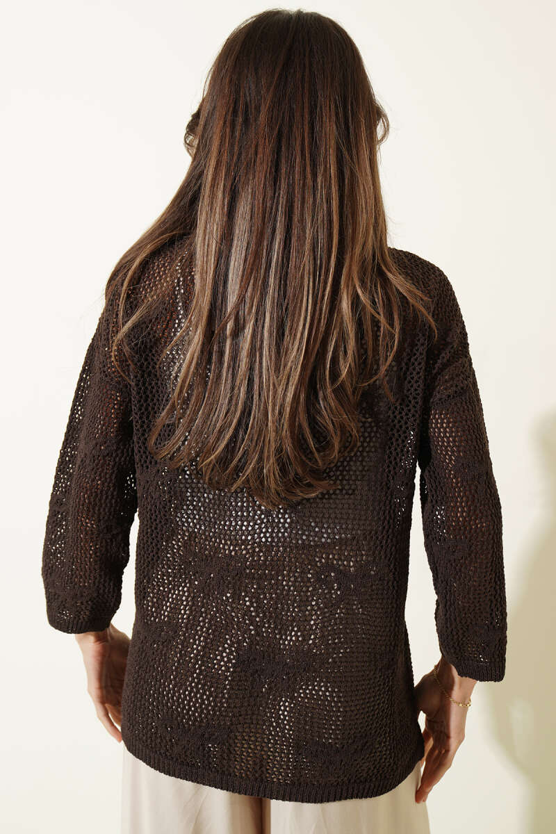 Ribbon-Pattern Openwork Cardigan - Brown