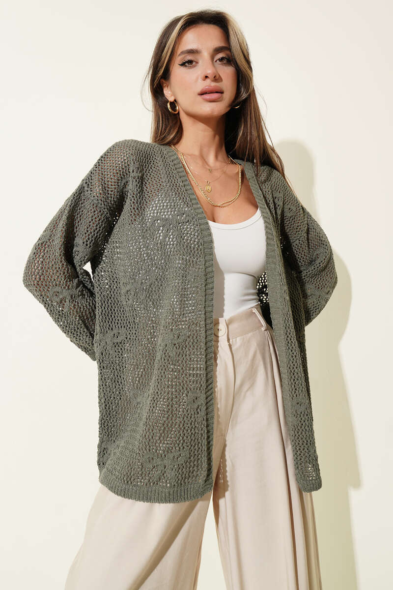Ribbon-Pattern Openwork Cardigan - Dark Olive