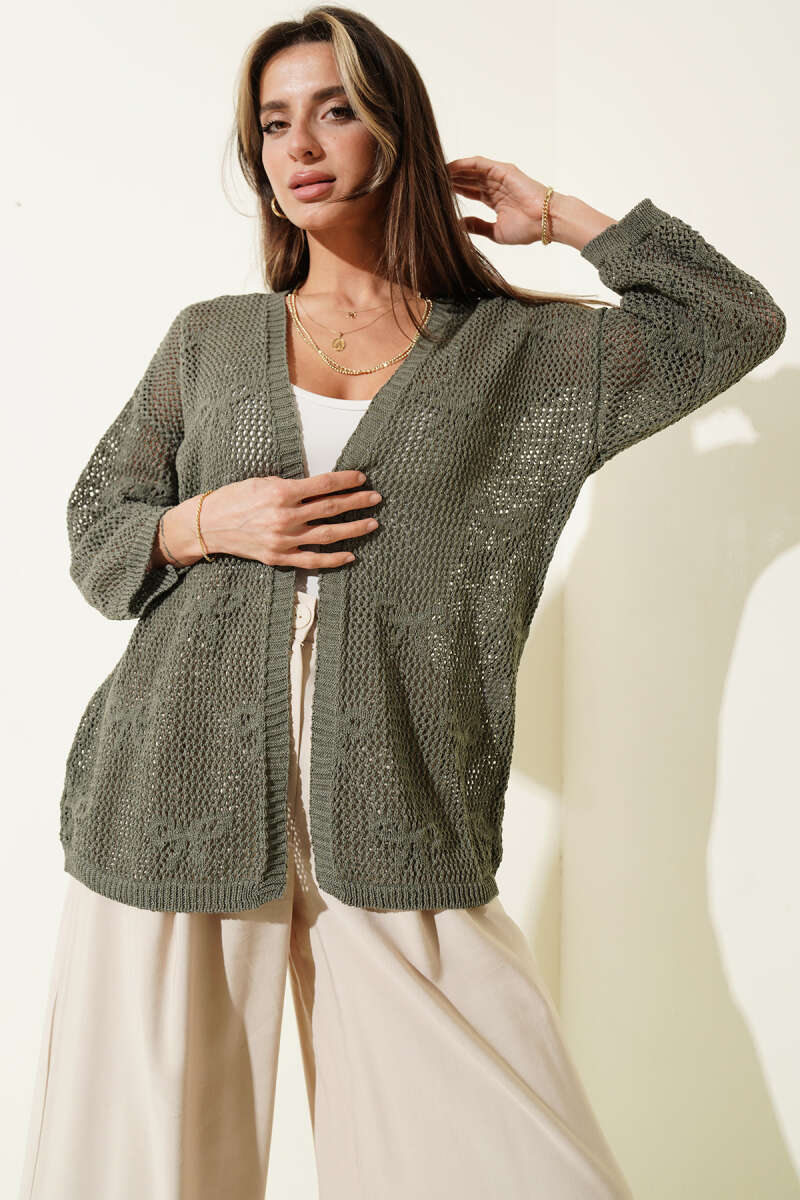 Ribbon-Pattern Openwork Cardigan - Dark Olive