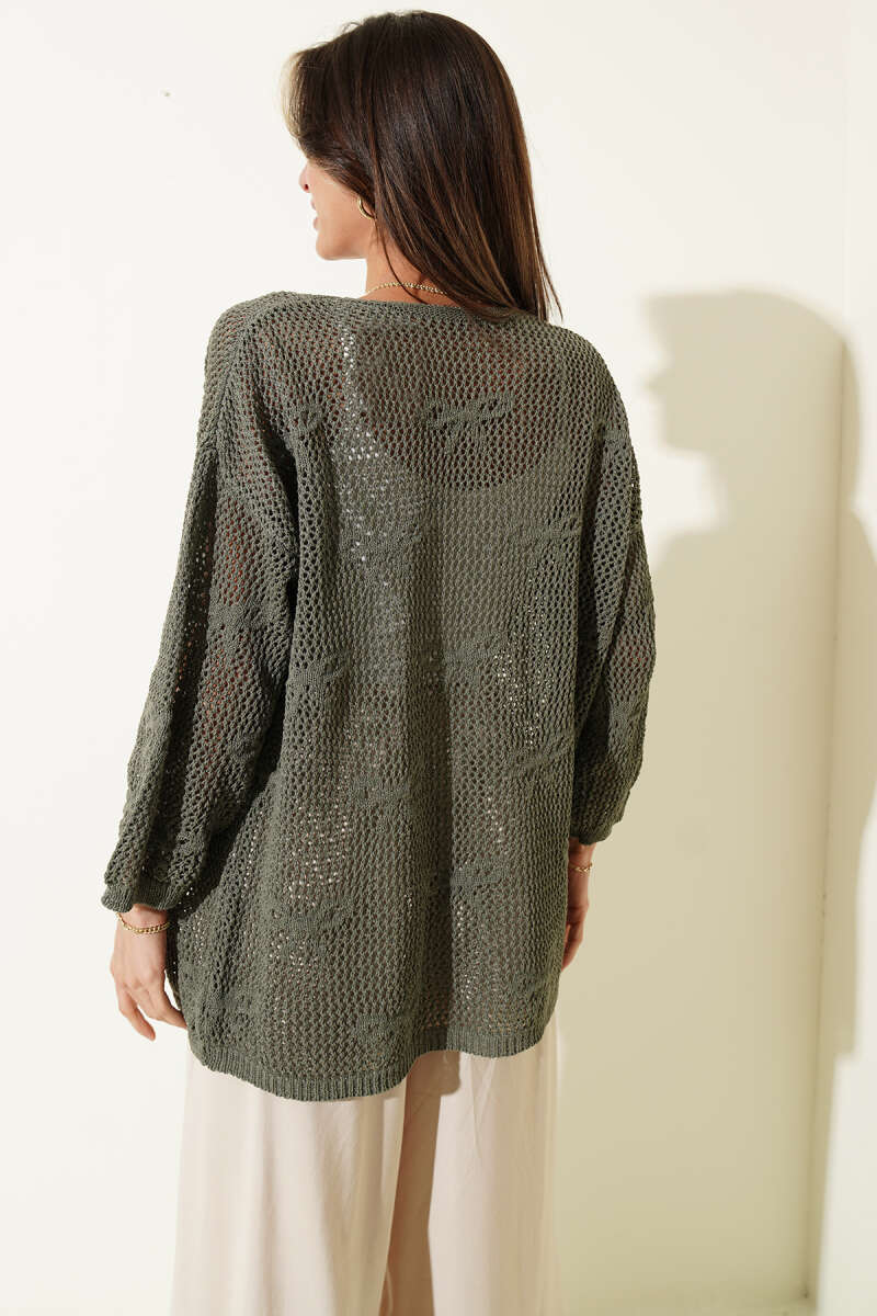 Ribbon-Pattern Openwork Cardigan - Dark Olive