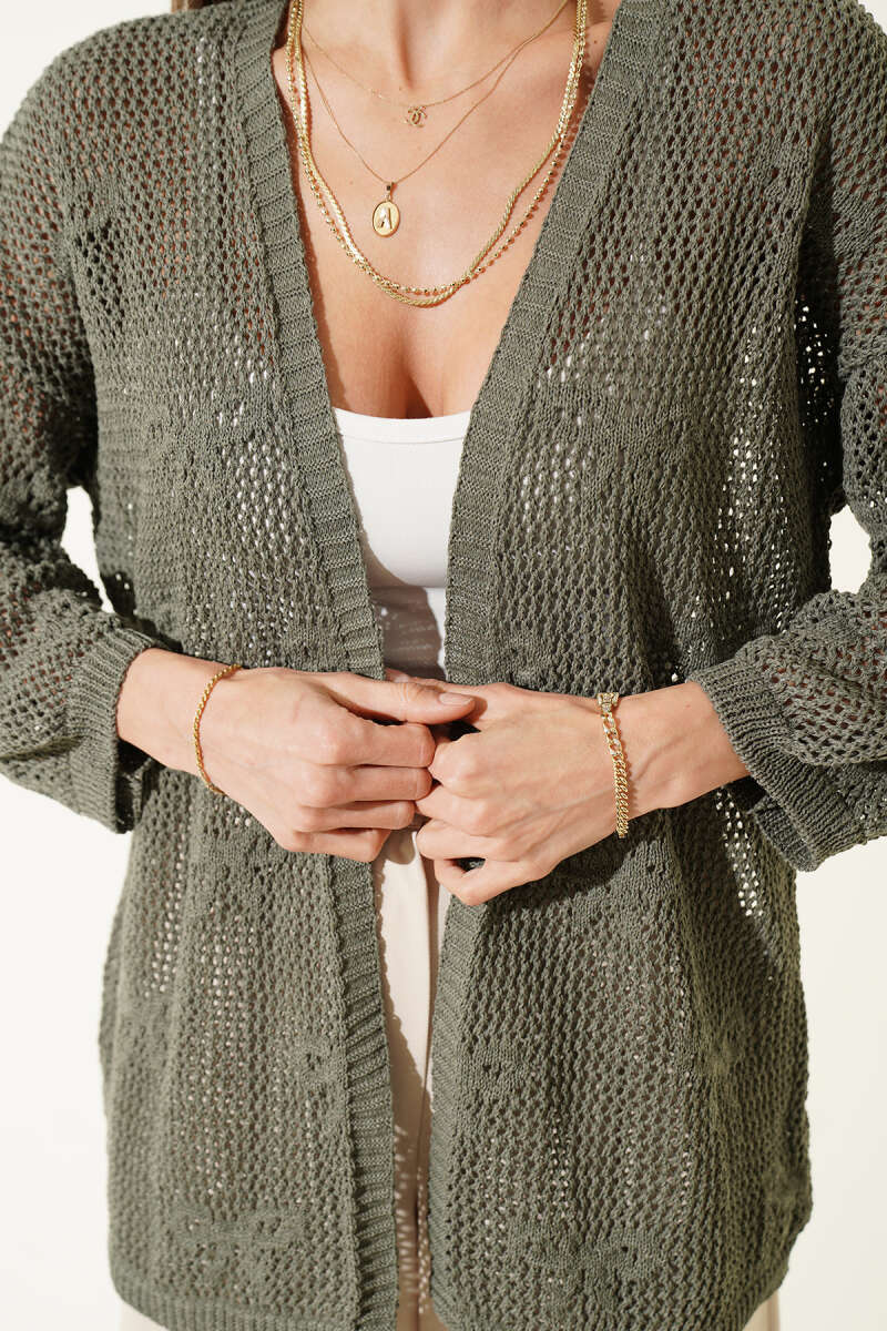Ribbon-Pattern Openwork Cardigan - Dark Olive