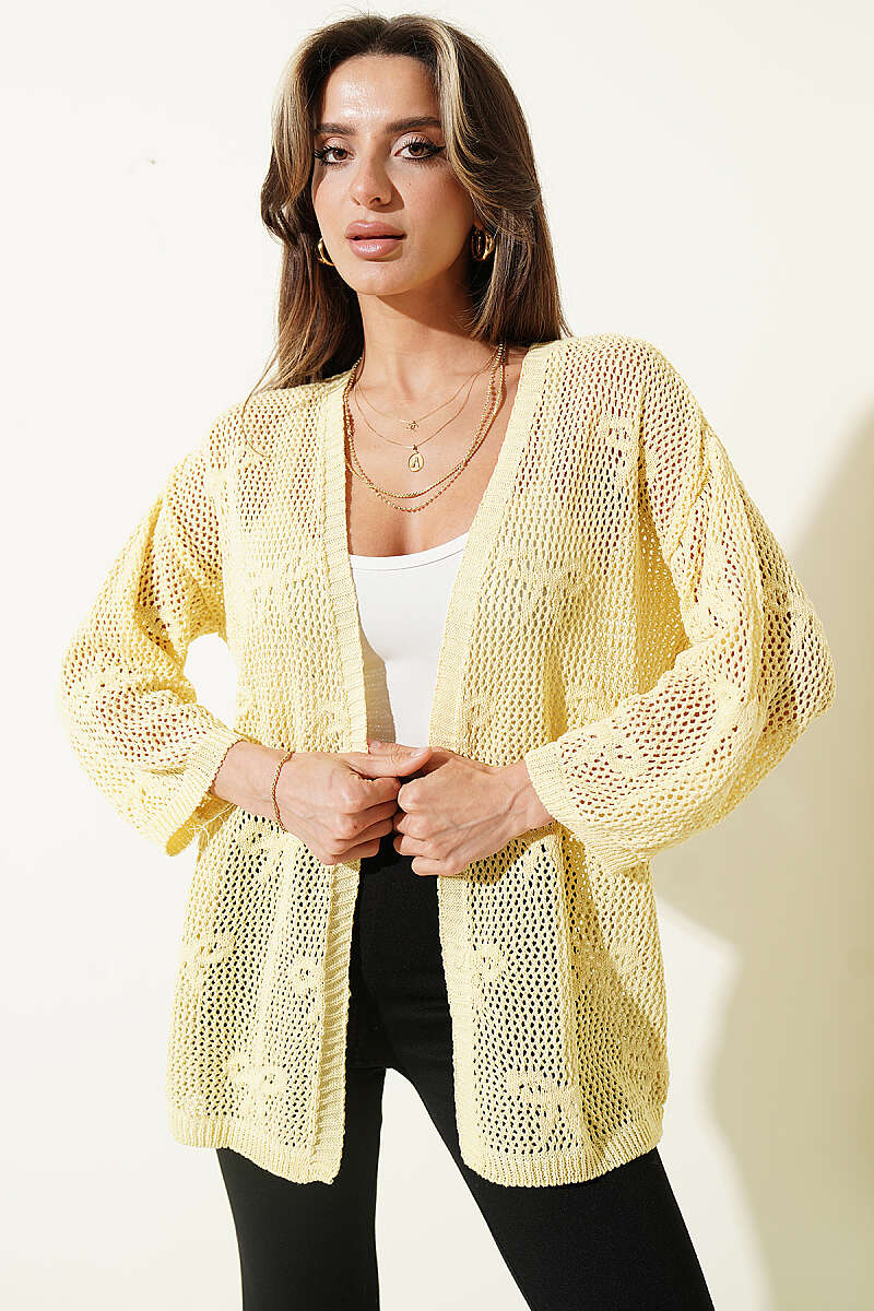 Ribbon-Pattern Openwork Cardigan - Yellow