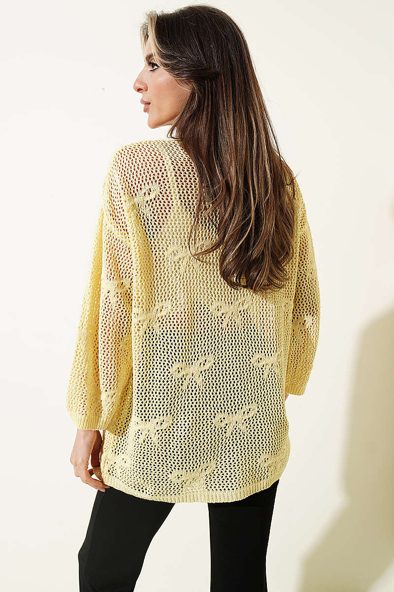 Ribbon-Pattern Openwork Cardigan - Yellow