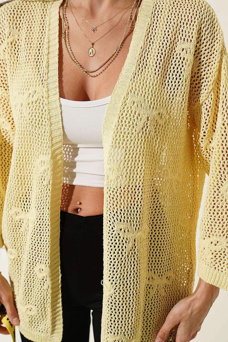 Ribbon-Pattern Openwork Cardigan - Yellow