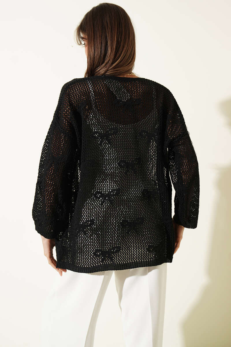Ribbon-Pattern Openwork Cardigan - Black
