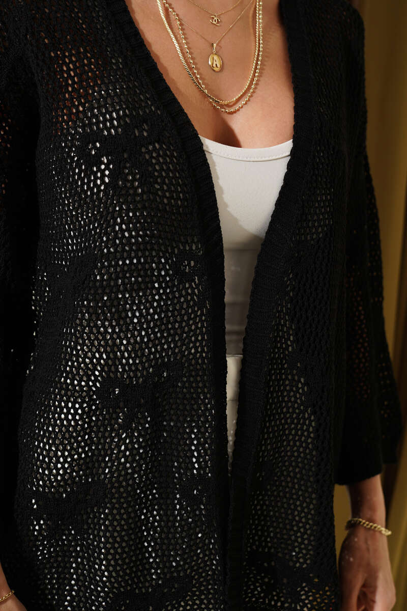 Ribbon-Pattern Openwork Cardigan - Black