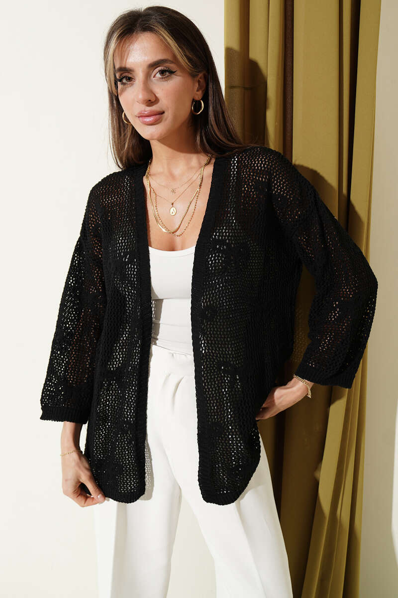 Ribbon-Pattern Openwork Cardigan - Black