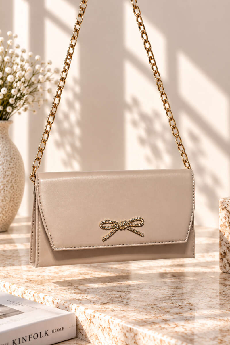 Chain Bag with Ribbon Detail - Beige